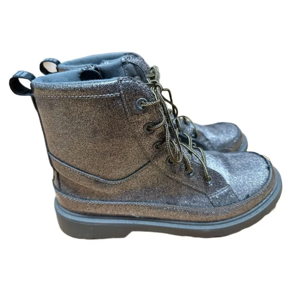 UGG Robley Glitter Boot Kids Size 6 Gold Olive Lace Up Zipper
